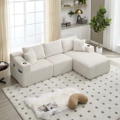 Immagine prodotto di Set di divani componibili Sweiko con chaise longue e 2 posti, rivestimento in morbido velluto a coste, con 5 cuscini, tasche laterali e portabicchieri, schiuma ad alta densità, combinazione fai da te, ideale per soggiorno, appartamento e studio.