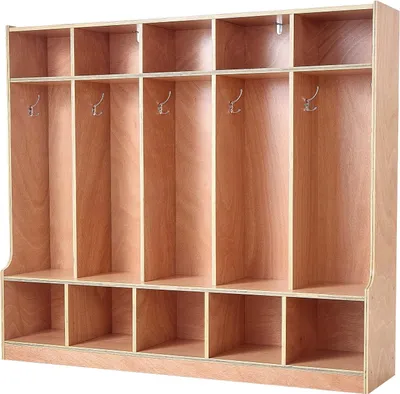 Produktbild von SucceBuy Offener Kinderkleiderschrank aus Holz mit 10 Haken und 15 Fächern (5 große und 10 kleine), Garderoben- und Aufbewahrungsregal für Kinderzimmer, Zuhause, Kindergarten oder Kita