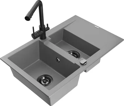 Produktbild von Mexen Gaspar 1,5-Becken-Granitspüle mit Abtropffläche und Mischbatterie Duero, Grau - 6507-71-671600-70-B