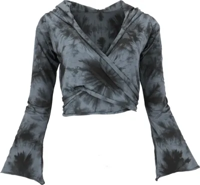 Produktbild von Wickeltop, Yogatop, Langarmshirt mit Trompetenärmeln - Batik/grau, Damen, Schwarz, Elasthan,Baumwolle, Größe: S