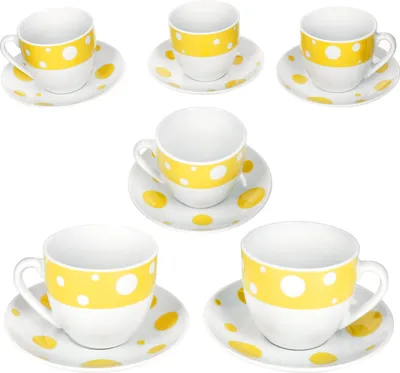 Obrázek produktu pro Pula žluté tečky šálky na kávu s podšálky pro 6 osob porcelánové čajové tečkované