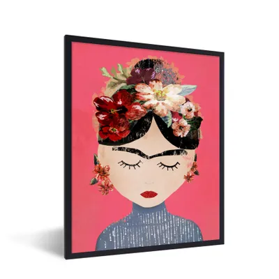 Produktbild von MuchoWow® gerahmtes Poster - Frida Kahlo - Frau - Vintage - Blumen - Kunst - 30x40 - Rahmen für Wandposter, Foto