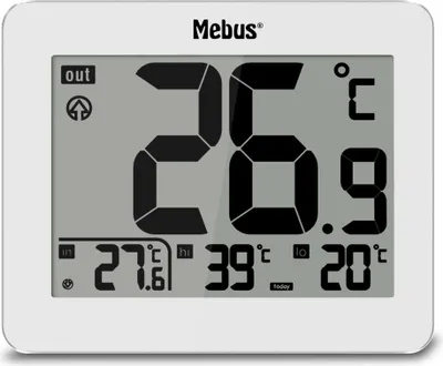 Obrázek produktu pro Mebus 01074, Elektronický teploměr, Vnitřní/venkovní, F, °C, Digitální, Bílá, Obdélníkový