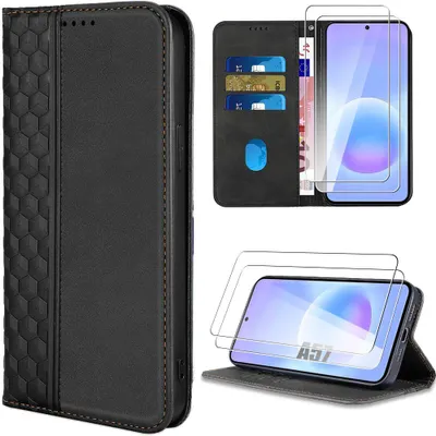 Image de Coque + 2 Verres Trempés pour Samsung Galaxy A57 5G, Cuir Synthétique Antichoc Motif Mosaïque Noir