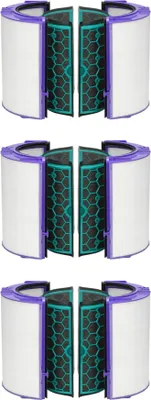 Three identical air purifier filters are stacked vertically against a white background.