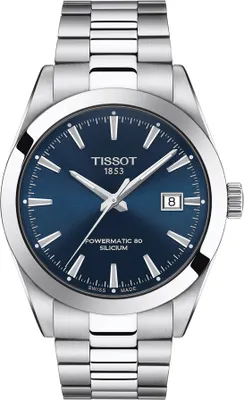 A close-up studio shot of a Tissot Gentleman Powermatic 80 Silicium watch.