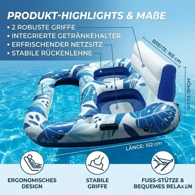 Produktbild von Poolliege 2 Personen XXL 165x152cm aufblasbar Rückenlehne Getränkehalter