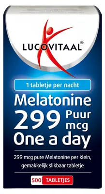 Productafbeelding van Lucovitaal Melatonine 299 mcg, 500 Tabletten, Vegan, Geen Suiker Toegevoegd, Voedingssupplement voor Volwassenen