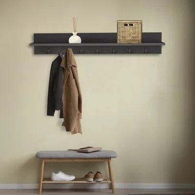 Zdjęcie produktu dla Wieszak ścienny Bino z półką, 14 haczyków, MDF, kolor antracytowy, 106 cm