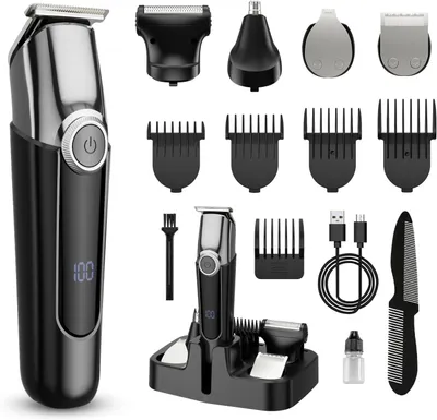 Produktbild von Haarschneider für Männer, 5-in-1 Profi Barttrimmer, Wasserdichter elektrischer Rasierer mit LED-Display, Bartschneider, Nasenhaartrimmer, schwarz