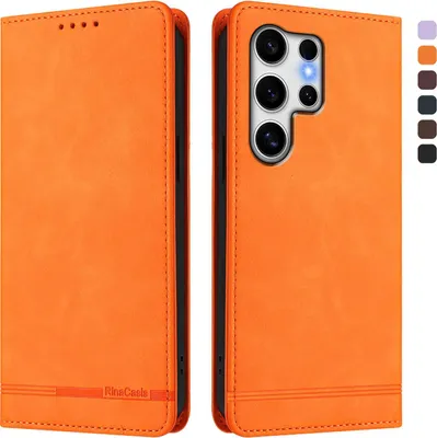 Produktbild von Hülle für Samsung Galaxy S25 Ultra, Retro Kunstleder Ständer Klapphülle mit Kartenfächer und Magnetische Orange