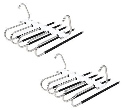 Produktbild von 5-in-1 Hosenbügel - Platzsparende Kleiderbügel aus Kunststoff und Edelstahl - Schrank Organizer für Hosen Jeans Schals Röcke und Handtücher - 2 Stück - Weiß