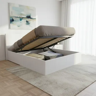A bed with storage is shown in a bedroom setting.