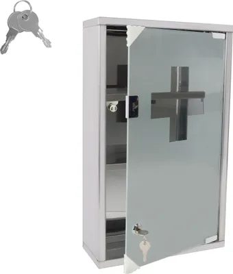 Produktbild von LZQ Medizinschrank aus Edelstahl 50 x 30 x 12 cm, abschließbare Arzneischrank mit Glastür, Hausapotheke Apothekerschrank Erste Hilfe Schrank, inkl. 2 Schlüsseln, 3 Fächer