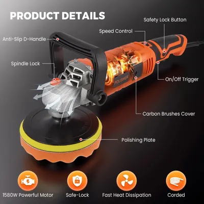 Produktbild von Auto Poliermaschine - Elektrischer Polierer - 1580W 220V - 7 einstellbare Geschwindigkeiten - Handgerät - Für Auto und Möbel - Orange