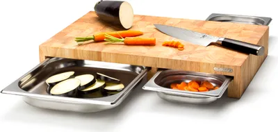 Produktbild von Continenta Schneidebrett 'Multifunktionsbrett Stirnholz mit 3 Edelstahl-Schubladen - Gummibaumholz'