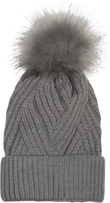 Produktbild von styleBREAKER Damen Strick Bommelmütze mit Rippenstrick Muster und Fleece Futter, Winter Fellbommel Mütze 04024167