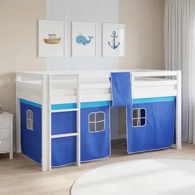 Produktbild von Homestyle4u Hochbett 90x200 Kinder ohne Lattenrost mit Rausfallschutz mit Leiter Vorhang Blau Junge Massivholz Kiefer WeißMassivholz Kiefer Weiß