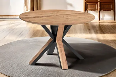 Produktbild von Runder Esstisch 105 cm Kimberly, Akazienholz naturfarben + massiv, Esszimmertisch mit Schweizer Kante, Spider-Gestell Metall Schwarz/Holz außen, pflegeleichter Holztisch