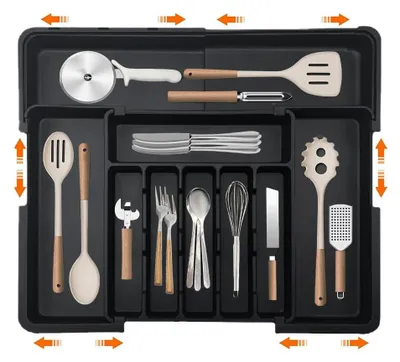 Ausziehbarer Besteckkasten, verstellbar, 33–56 cm, schwarz