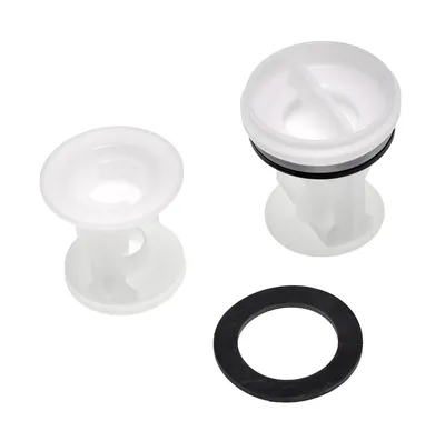 Three washing machine drain filter parts on a white background.