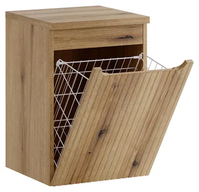 Produktbild von Badezimmer Unterschrank mit Wäschekorb, 40 cm breit, Eiche mit gerillter Front - NEWPORT-56-EVOKE