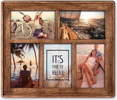 A multi-photo frame with various vacation-themed images.
