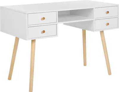 Zdjęcie produktu dla BELIANI Biurko białe 110 x 55 cm na jasnych drewnianych nogach 4 pojemne szuflady styl skandynawski