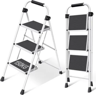 Productafbeelding van Trap met zitplaats, 3-treden ladder, inklapbare ladder, opklapbare trap, inklapbare stoel voor volwassenen met handgreep, huishoudtrap, antislip, stabiel en breed voetstuk, wit