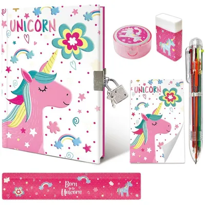 Immagine prodotto di Set da diario per bambine con lucchetto, tema unicorno, set regalo da 6 pezzi, colore rosa