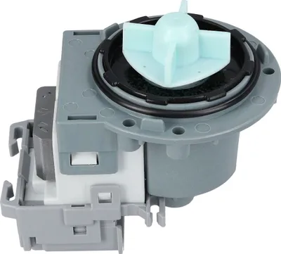 A close-up studio shot of a washing machine drain pump.