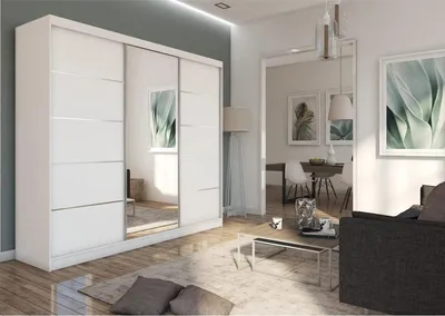 Obrázek produktu pro BEAUTYSOFA Moderní šatní skříň MARIKA II 240 cm - třídveřová skříň s posuvnými dveřmi, šatní skříň, šatní skříň se zrcadlem a zásuvkami, barva: bílá