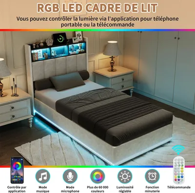 Image de Lit rembourré - Lit double 160 × 200 cm - Lit à rangement hydraulique avec coffre de rangement - Tête de lit avec éclairage LED et port de recharge USB - Revêtement en velours