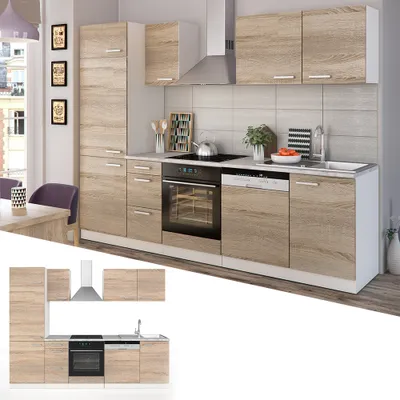 A modern kitchen unit with wooden cabinets and white accents.