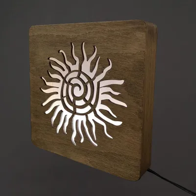 Produktbild von Sonnenlampe aus Holz, Größe 20 cm, mit LED-Beleuchtung mit 12-V-Transformator