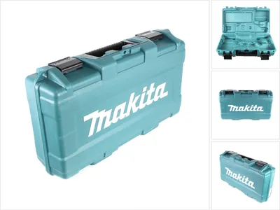 A teal Makita plastic transport case for reciprocating saws is shown against a white background. Multiple views of the case are presented.