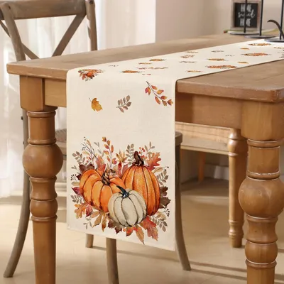 Zdjęcie produktu dla Bieżnik jesienny, pomarańczowy, z motywem liści i dyni, 33x183 cm, poliester