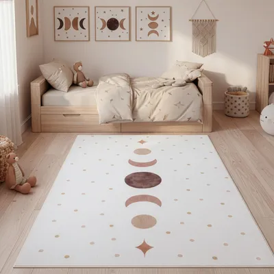 Produktbild von Carpetsale24 Kinderteppich Mondphasen für Kinderzimmer in Creme mit Boho Design Größe 140x200 cm für großzügige Spielflächen