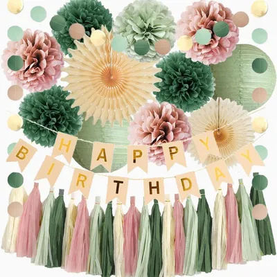 Immagine prodotto di Set di decorazioni per compleanno color salvia e rosa, con striscione "Buon Compleanno" e ghirlanda