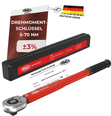 Produktbild von FAMEX 10877 Drehmomentschlüssel 3/8 Zoll (10mm)-Antrieb 5-70 Nm, Motorrad, Auto, Fahrrad,