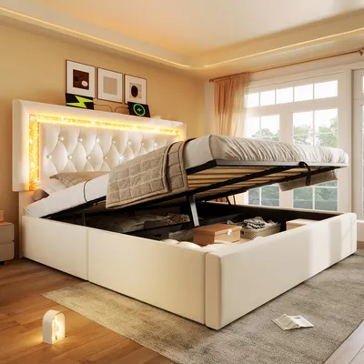 Productafbeelding van Boxspringbed 180x200, fluweel, LED-diamantstrepen, USB & USB-C, hydraulische opbergruimte, lattenbodem, zonder matras.