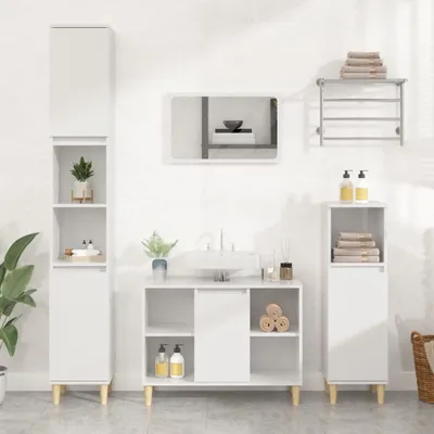 A clean, modern bathroom vanity setup with a sink, cabinets, and storage shelves.