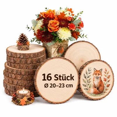 Produktbild von Holzscheiben 20 cm, 16 Stück Baumscheiben 20-23 cm aus Kiefernholz ohne Loch, 15 mm dick, ungeschliffen, zum Basteln, DIY Deko Hochzeit Weihnachten