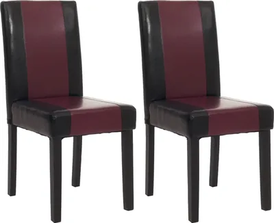 Two dining chairs with black and red upholstery and dark legs are shown against a white background.