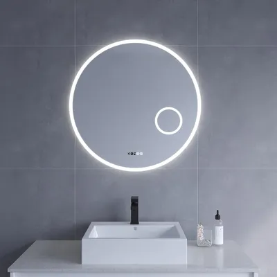 Produktbild von AQUABATOS® Badspiegel mit Beleuchtung Rund 80 cm LED Schminkspiegel Uhr Kosmetikspiegel Wandspiegel Badezimmerspiegel Lichtspiegel Dimmbar Touch für Wandschalter Kaltweiß 6400K Spiegelheizung
