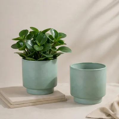 Productafbeelding van Overpotten met een diameter van 10,5 cm, set van 2 bloempotten in een zachtgroene kleur