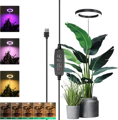 Obrázok produktu pre Svetlo na rast rastlín, kruhová lampa s 72 LED diódami, lampa na rastliny s plným spektrom, izbové rastliny, biela, modrá, červená, teplá biela, výškovo nastaviteľná, časovač 3/9/12 hodín, USB, čierna