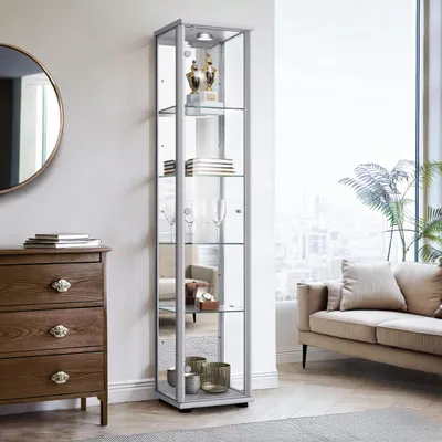 Produktbild von K-Möbel Glasvitrine stehend in Alu / Silber (176x37x33cm) mit 4 höhenverstellbaren Glasböden, Spiegel, Schloss & LED - Standvitrine - Vitrinenschrank