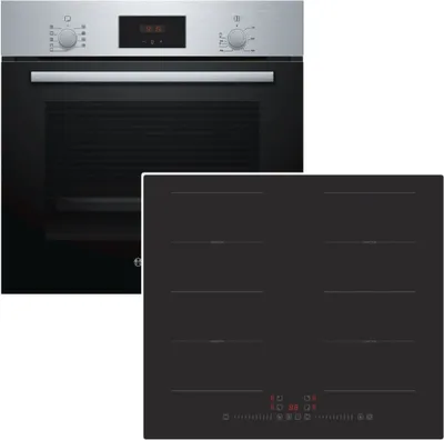 A Bosch oven and a black induction cooktop are shown side-by-side against a white background.