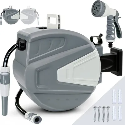 Produktbild von Fiqops Schlauchtrommel Schlauchaufroller Wand-Schlauchbox mit 3/4" Zoll Wandhalterung 30m mit 9 Schlauchdüsenmuster